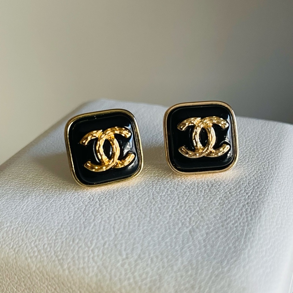 Luxe Black and Gold CC Square Stud Earrings